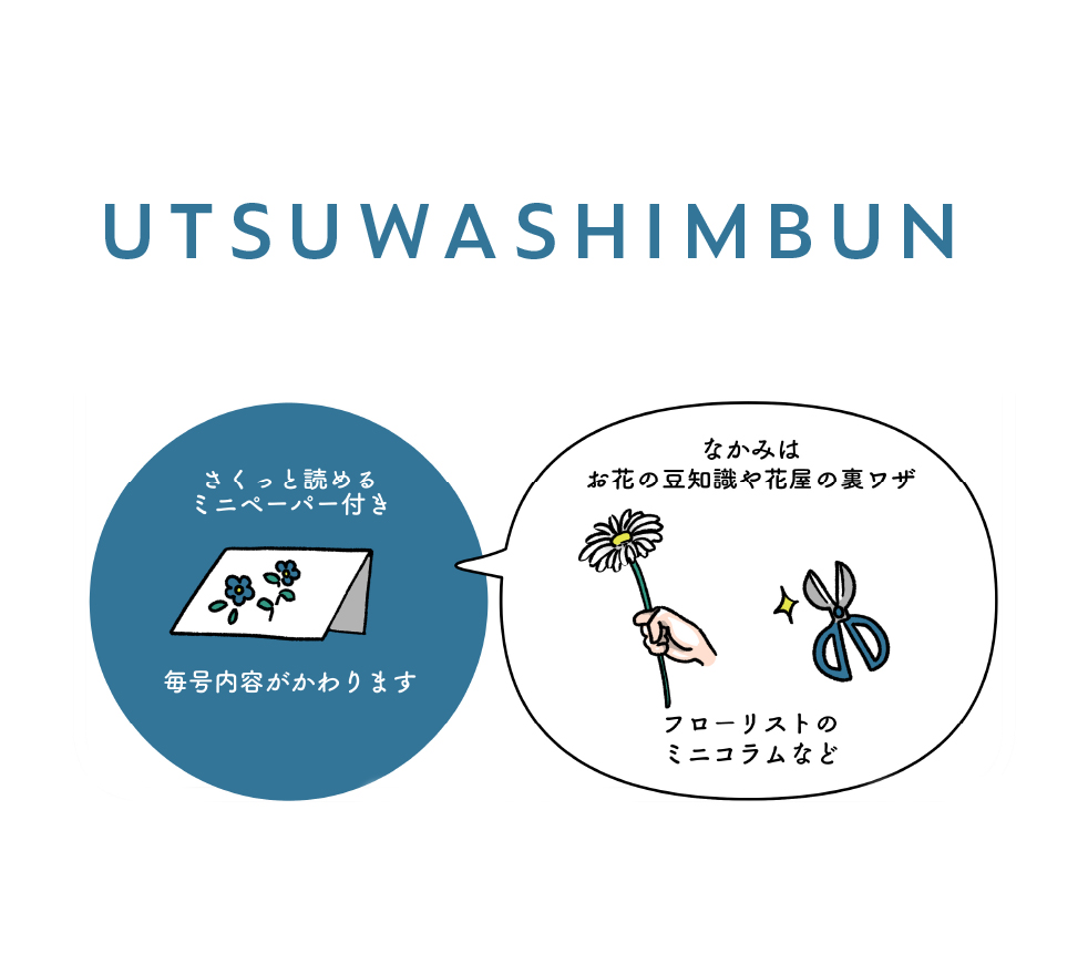 フローリストが旬のお花の紹介や飾り方、裏技などをご紹介する『UTSUWA SHIMBUN』を毎号付属